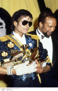 Michael with Quincy Jones receiving a record-breaking eight Grammy awards, 1983